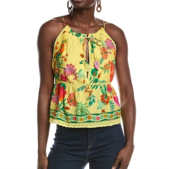 FARM RIO Delicate Fruit Garden Tropical Floral Print Lace Trim Yellow Top Small